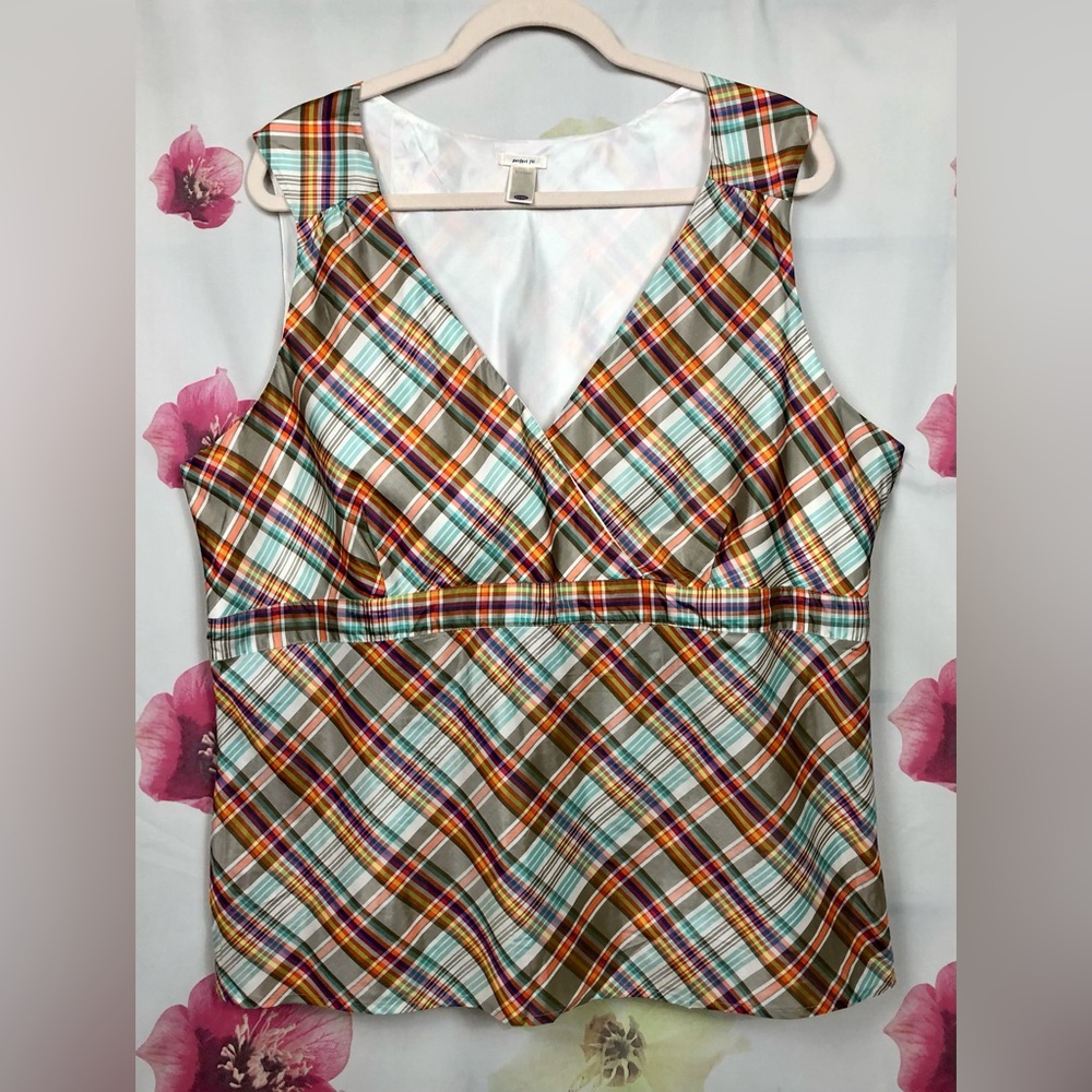 Old Navy XXL Taupe and Turquoise Plaid Silk- Empire- Surplice - Tank Top